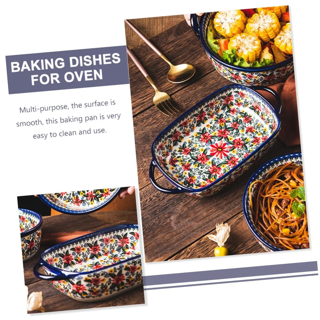 Форма для запекания керамическая прямоугольная с двойными ручками и цветочным узором, фото №2
