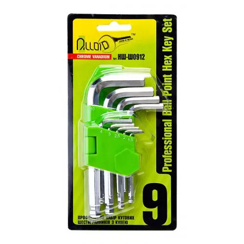 Набор ключей шестигранных с шаром изогнутых Alloid 9 предм 1,5-10 мм НШ-Ш0912, фото №1