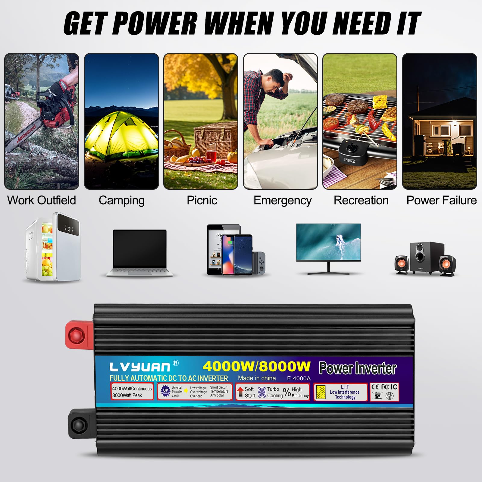 Інвертор Напруга 12V 230V 4000W / 8000W з бездротовим пультом керування, 2 розетки 1 USB та LED дисплей, фото №3