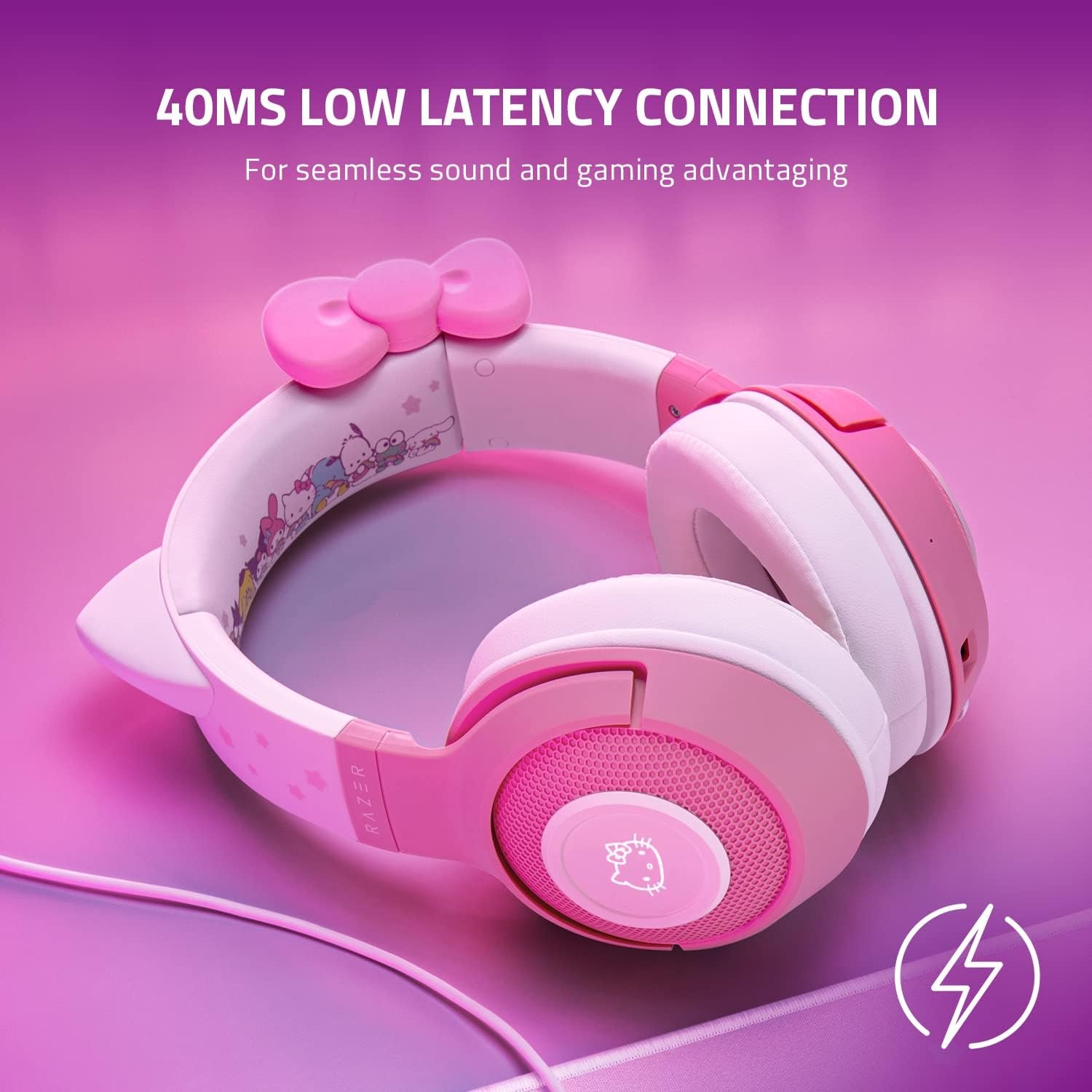 Беспроводные наушники Razer Kraken Hello Kitty / Bluetooth 5.0 / Радиоканал / Подсветка / Бело-розовые (RZ04-03520300-R3M1), фото №3