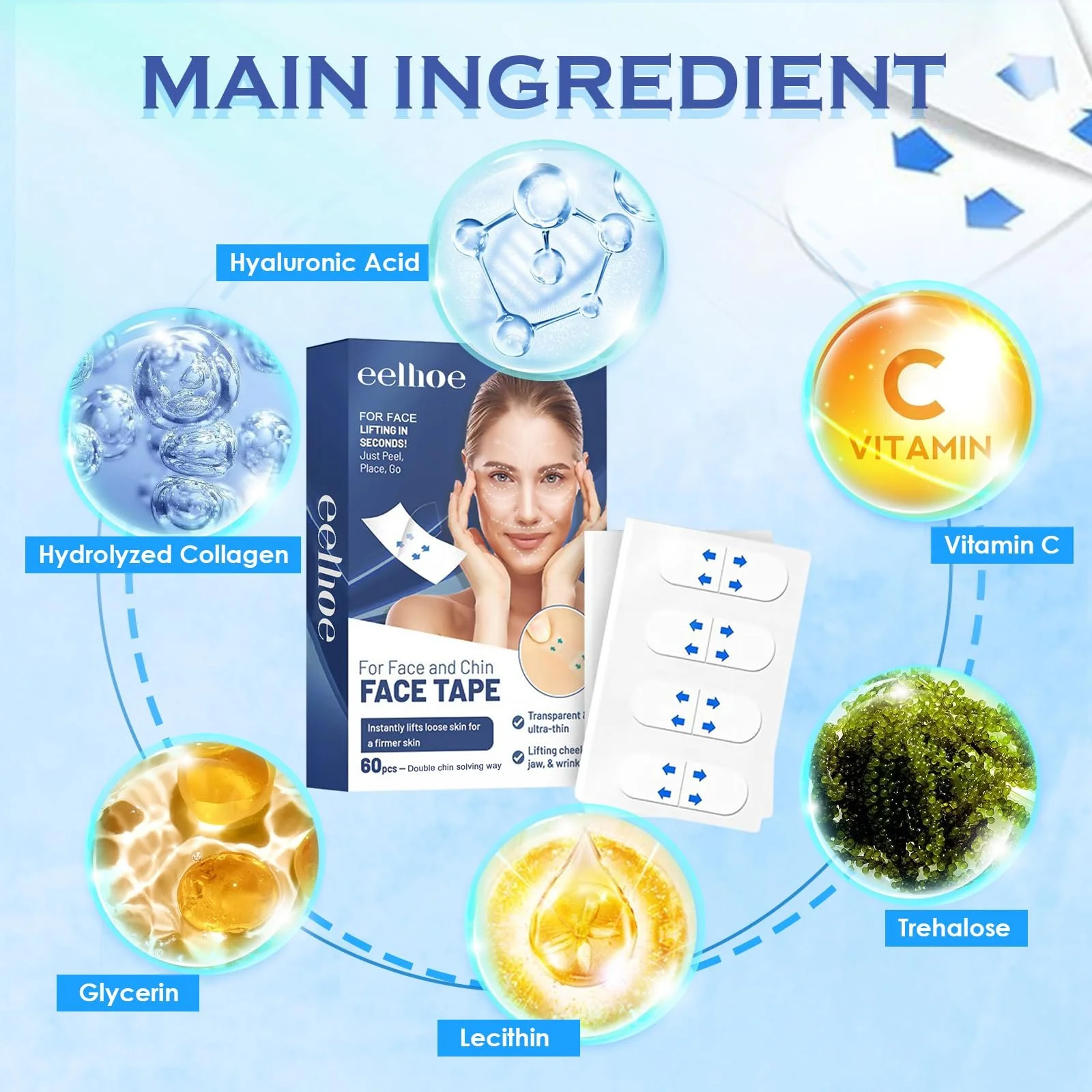 Стрічки для підтяжки обличчя LURNODY, 60 шт., невидимі наклейки для підтяжки обличчя, фото №4