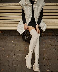 Белые зимние чулки выше колена с шерсти мериноса для девушки - Фото 1