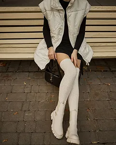 Білі зимові панчохи вище коліна з вовни мериноса для дівчини - Фото 1