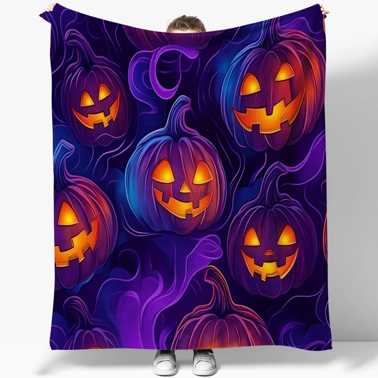 Плюшева м'яка Покривало з ретро-принтом гарбуза з високоякісного фланелевого матеріалу, лілово-помаранчева, 150 x 200 см, фото №5