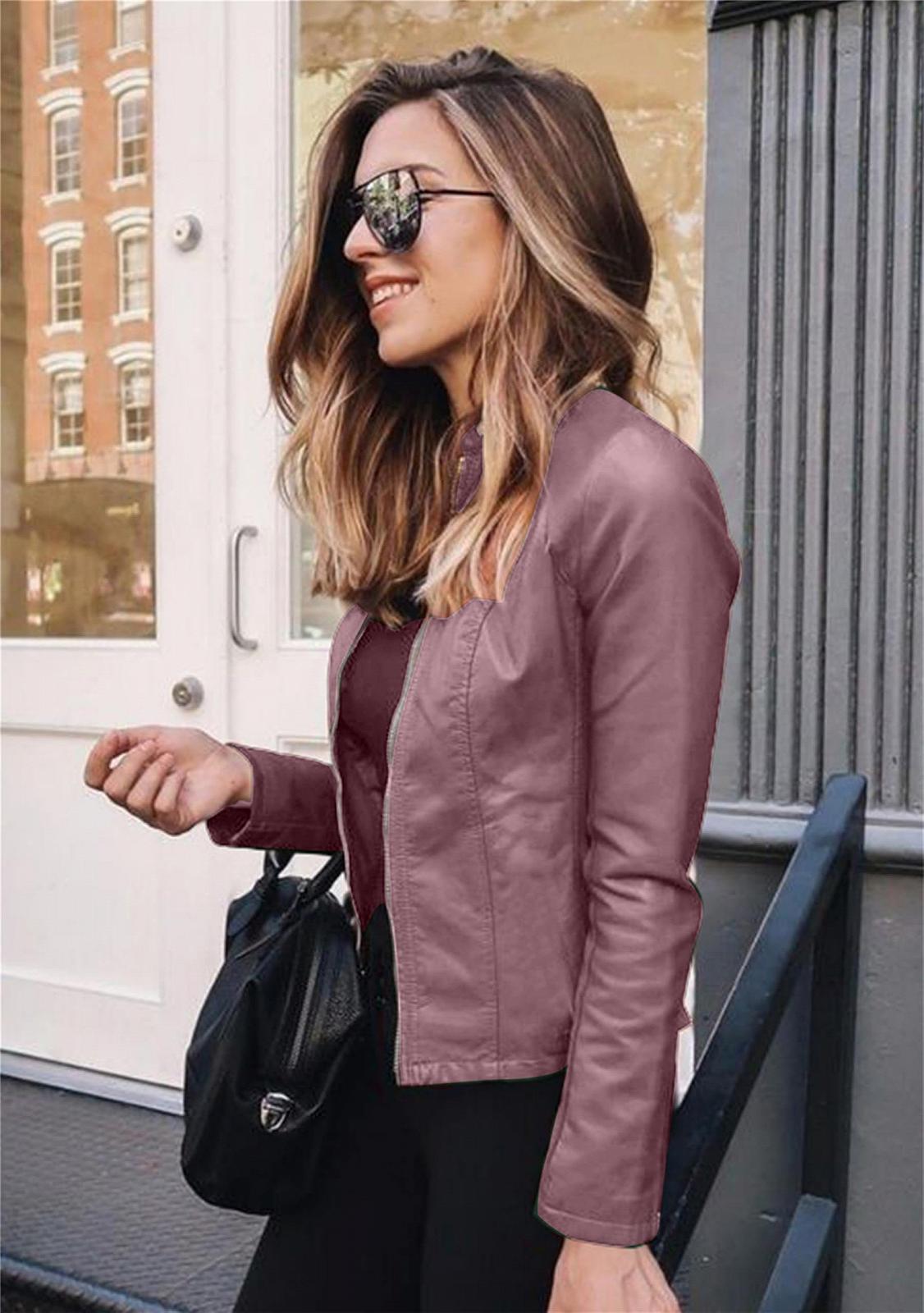 Жіноча Куртка Yming Мотоциклетна Звичайна З екошкіри На повній блискавці Стильна Ретро Укорочена, фото №2