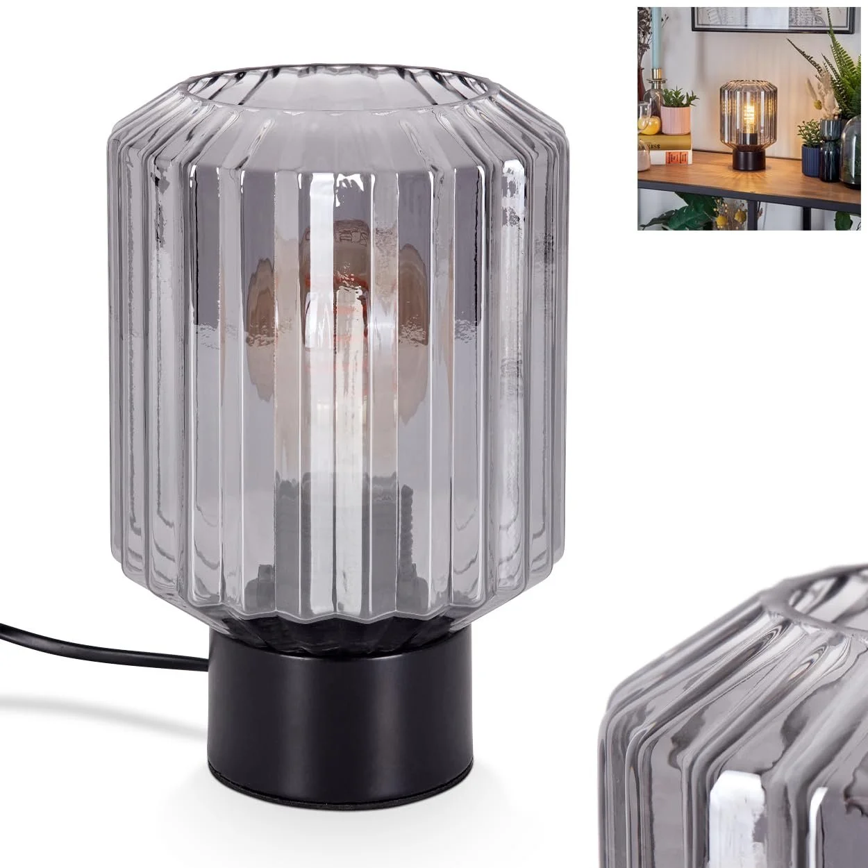 Настільна лампа Moruja Метал / Скло Скляний плафон 13 см 1 x E27 Чорний / Димчастий, фото №1