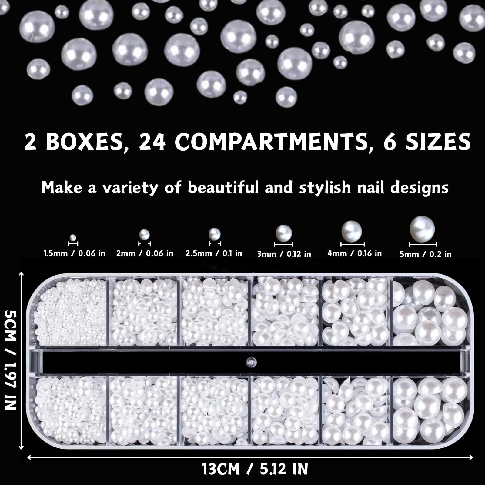 Перлини для дизайну нігтів 12 розмірів LUFFLOK, плоскі, напівкруглі, білі, 2 коробки, фото №2