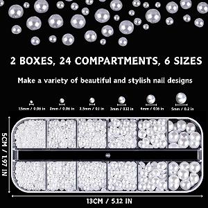 Перлини для дизайну нігтів 12 розмірів LUFFLOK, плоскі, напівкруглі, білі, 2 коробки synthetic.ua - Фото 1