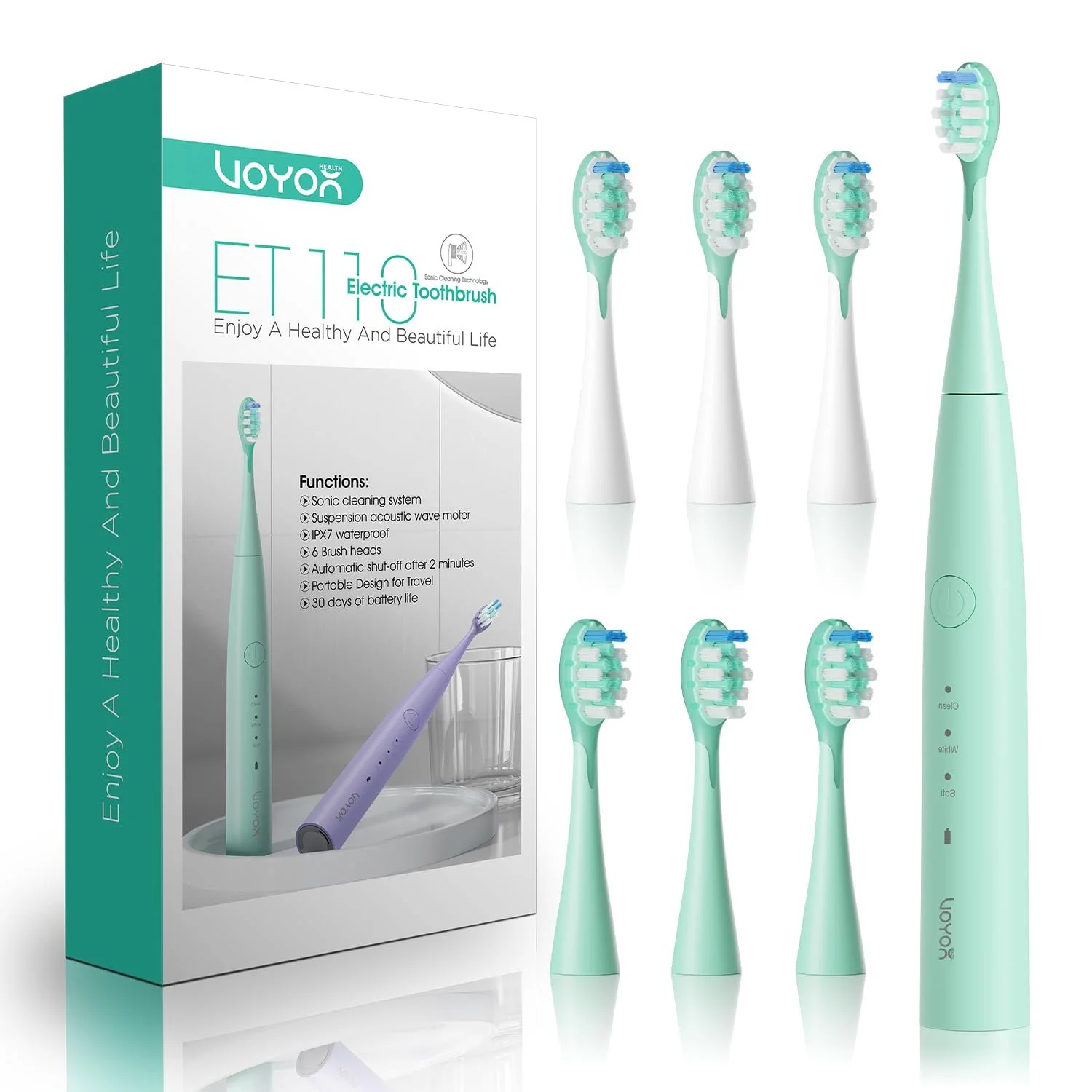 Электрическая зубная щетка VOYOR-HEALTH ET110 звуковая 41000 движений/мин 3 режима 6 насадок Зеленая, фото №1