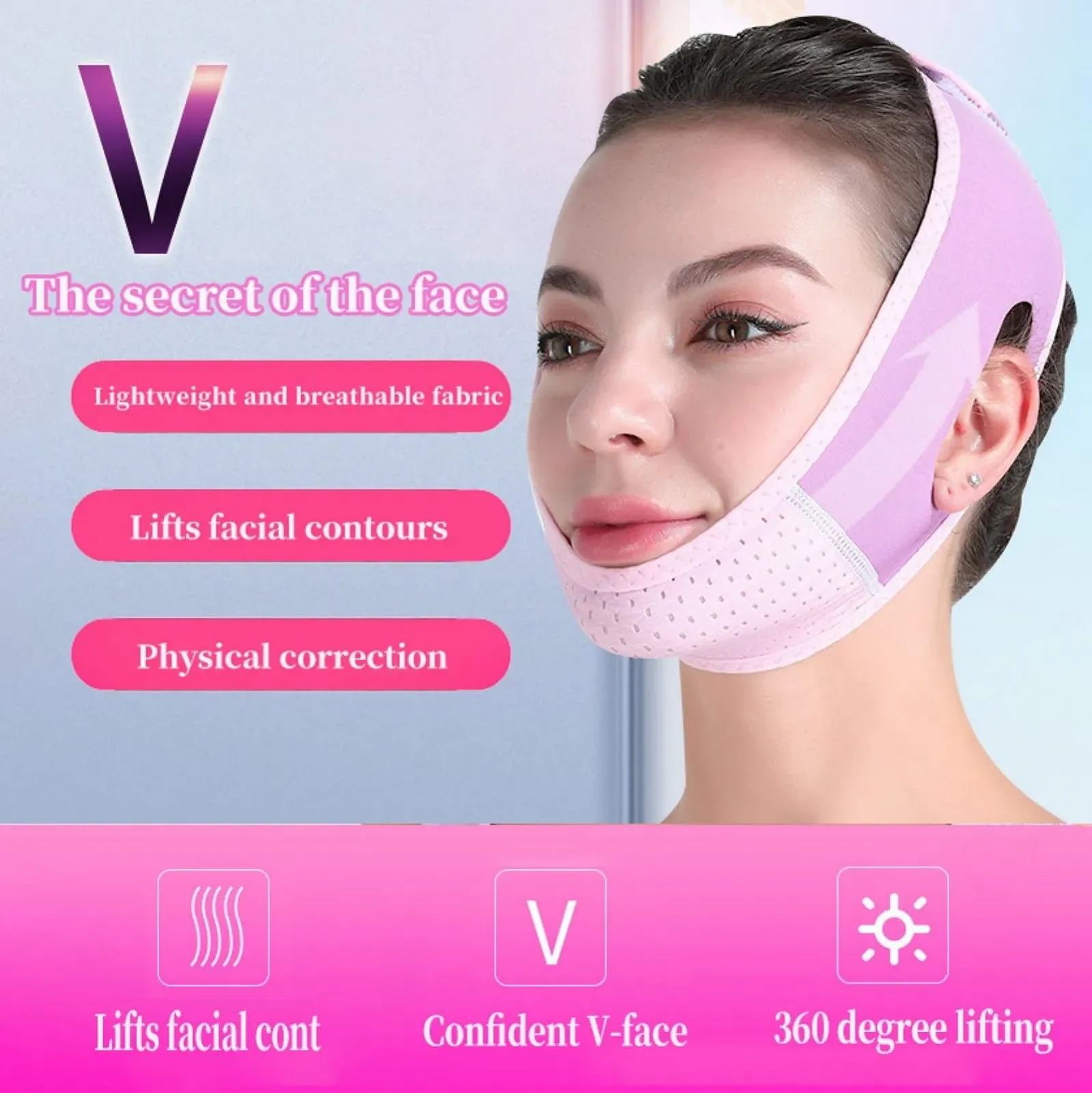V-Line Маска для лица для подтяжки кожи Reusable Lifting Mask против второго подбородка для V-образного контура Дышащий эластичный материал Фиолетовый, фото №2