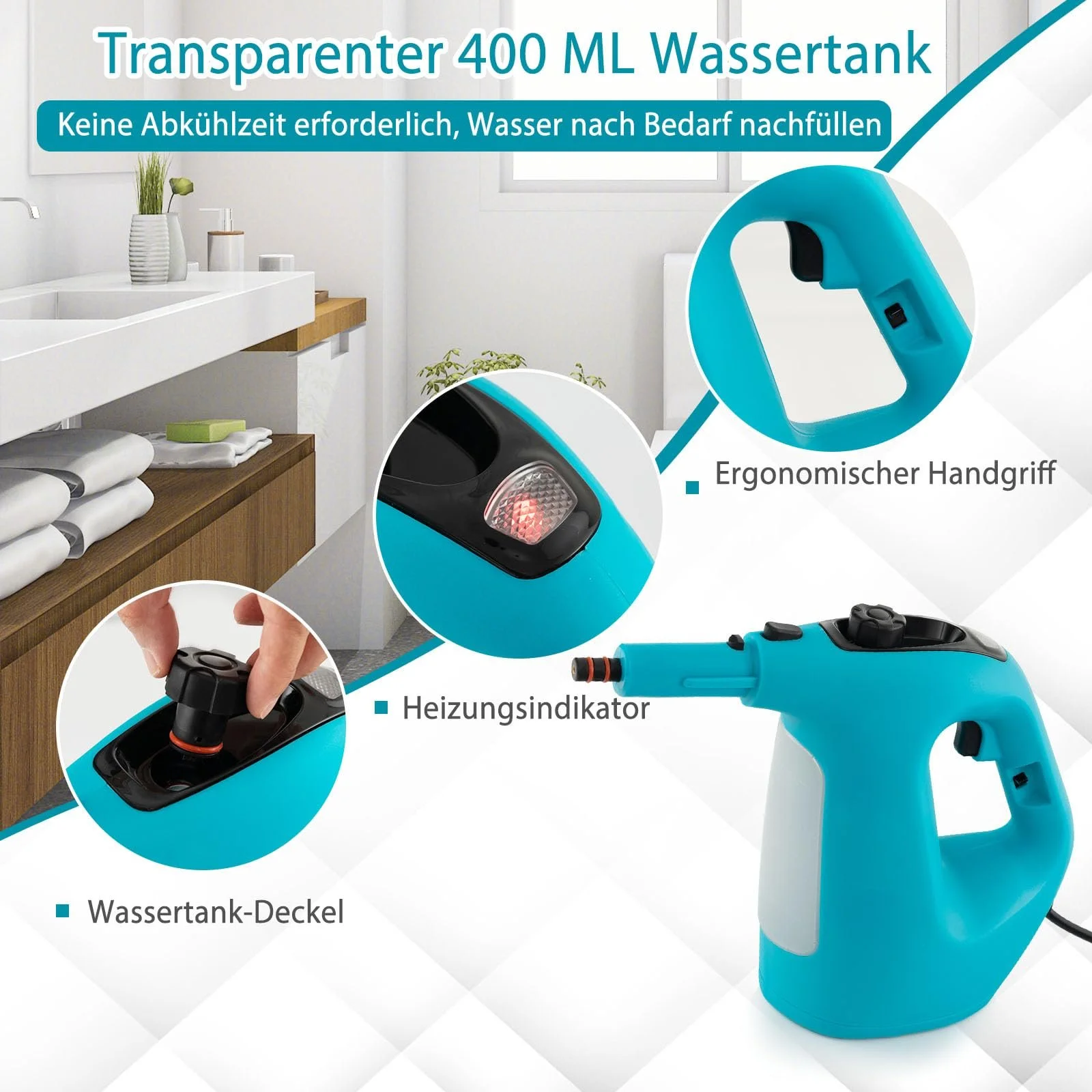 Ручний пароочисник RELAX4LIFE 1500 Вт 400 мл з 13 аксесуарами Синій, фото №4