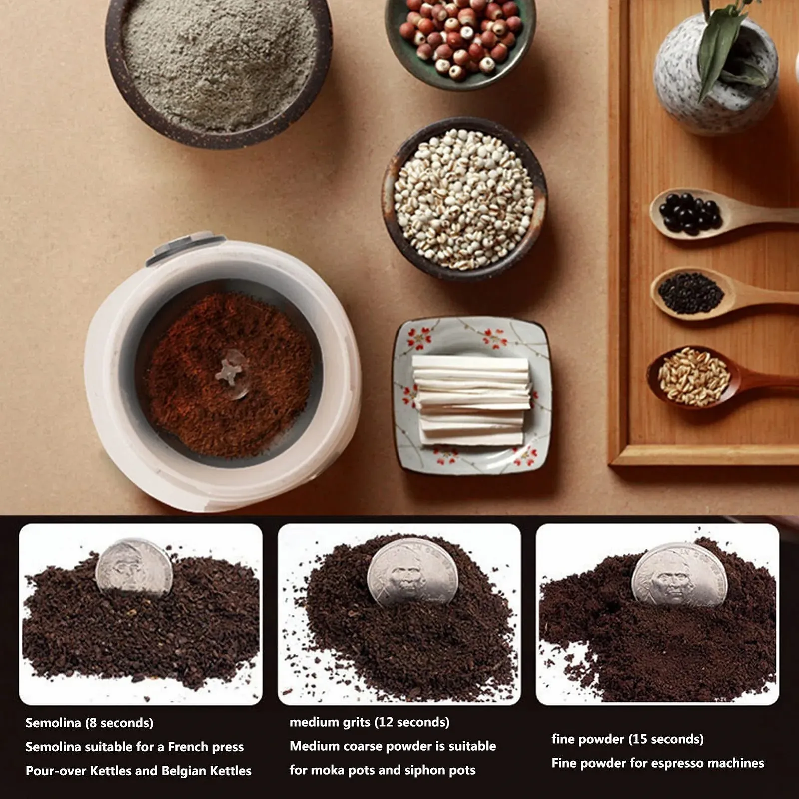 Электрическая кофемолка Fast Speed Electric Grain Mill для сои, кунжута, риса, фасоли, клейкого риса, чили, специй (Белый), фото №4