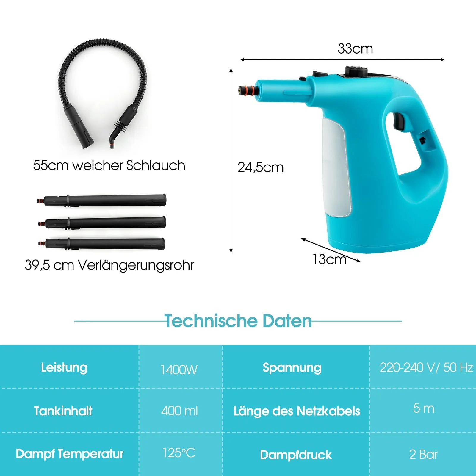Портативный ручной пароочиститель GOPLUS 1500 Вт 400 мл 2 бар Синий, фото №6