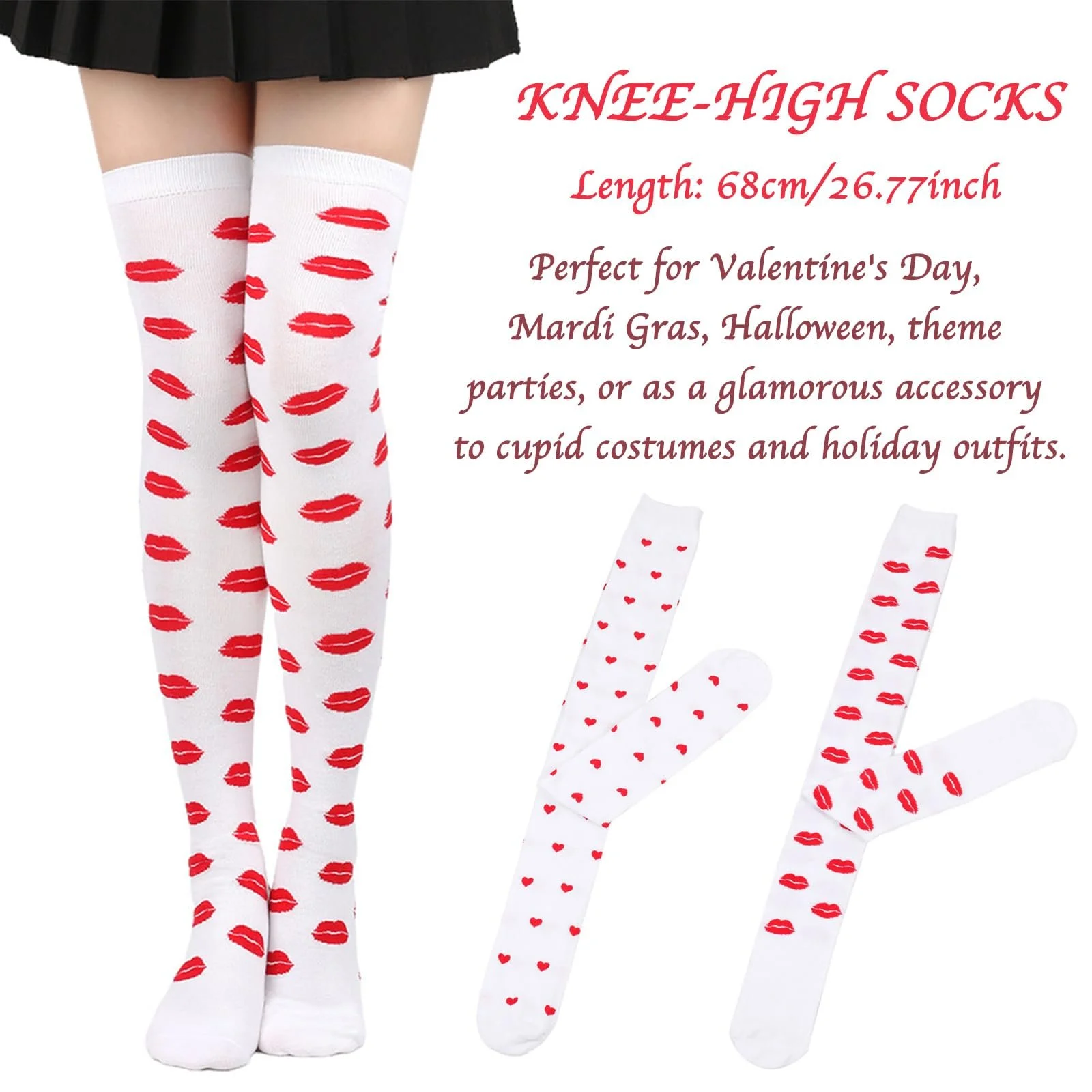 Жіночі шкарпетки вище коліна з візерунком серця та губ, 2 пари, білі, фото №2