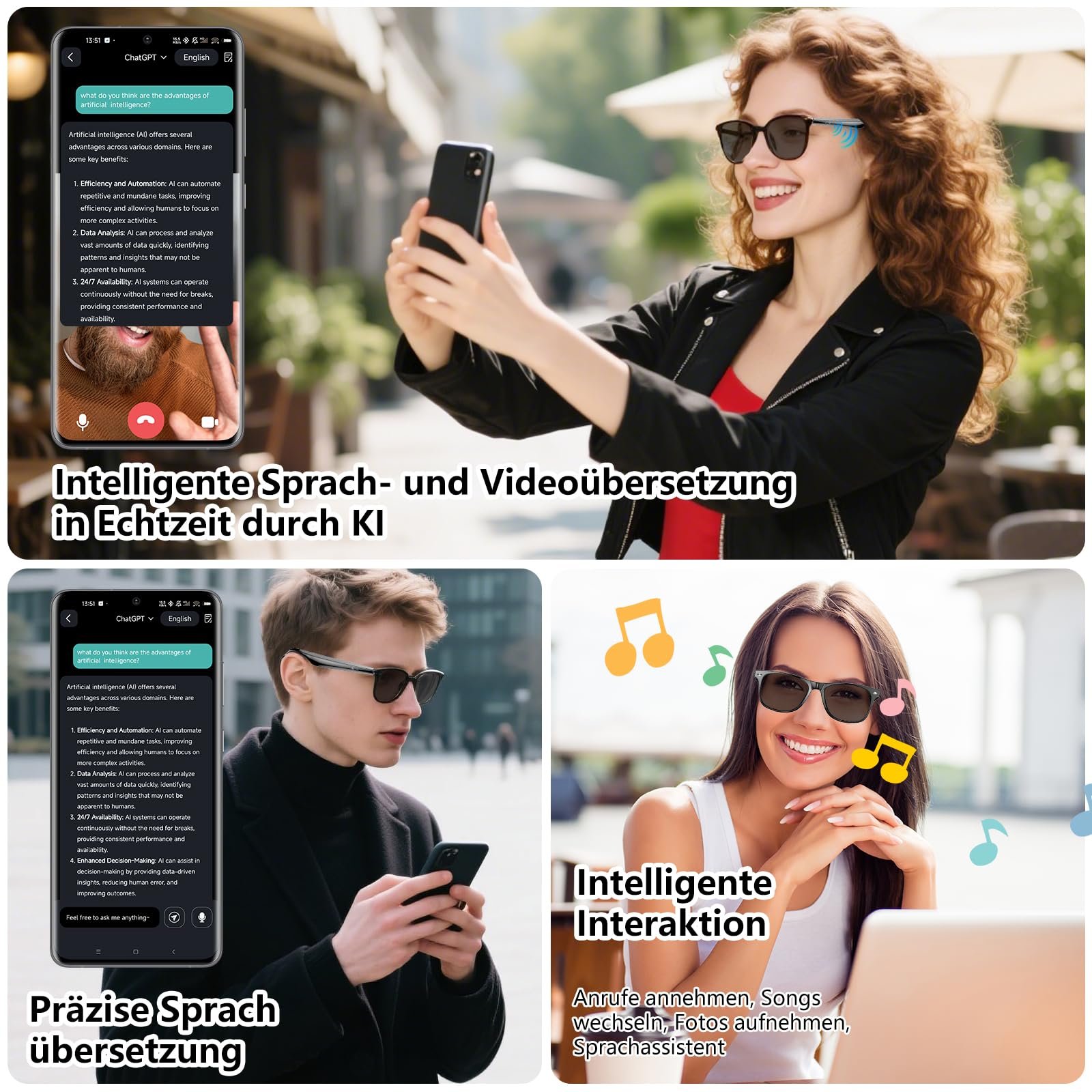 Умные очки с AI переводом Bluetooth солнцезащитные очки с голосовым управлением HiFi аудио UV400 163 языка, фото №2