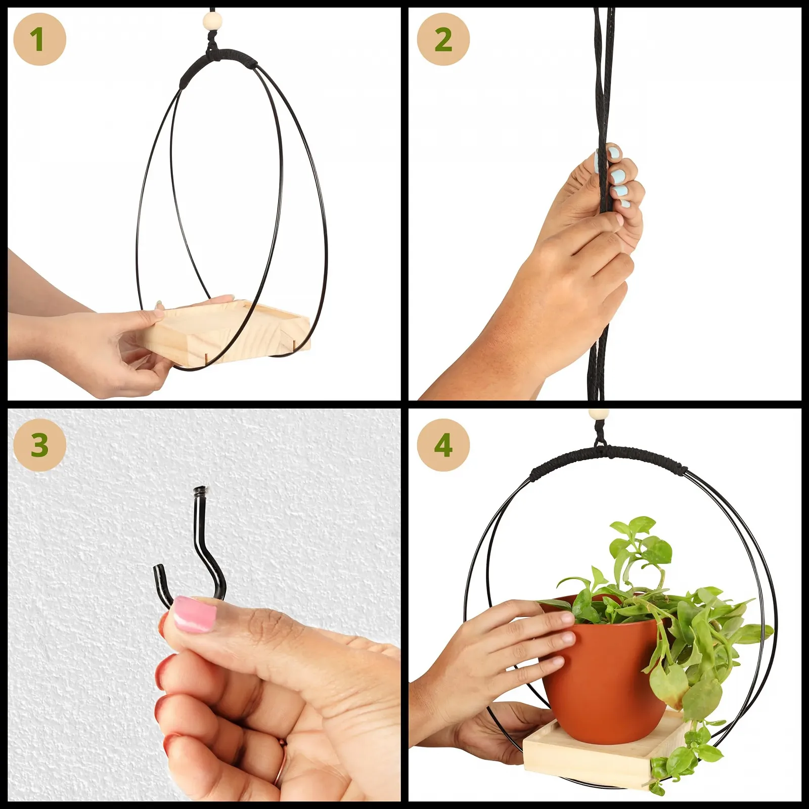 Подвесное кашпо макраме Belle Vous 107 см с деревянным основанием и крючком в комплекте, фото №4