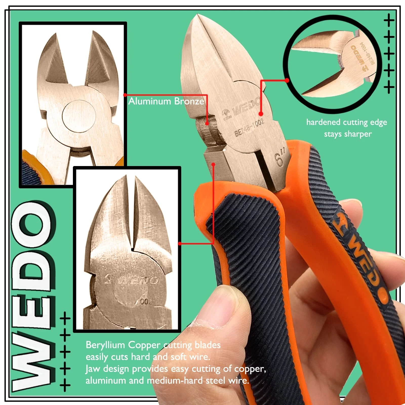 Боковые кусачки WEDO Non-sparkling, прецизионная резка, профессиональные кусачки для кабеля, бериллиевая медь, длина 200 мм, универсальные плоскогубцы для резки, зачистки, обжима кабеля, немагнитные, BAM/FM, фото №3