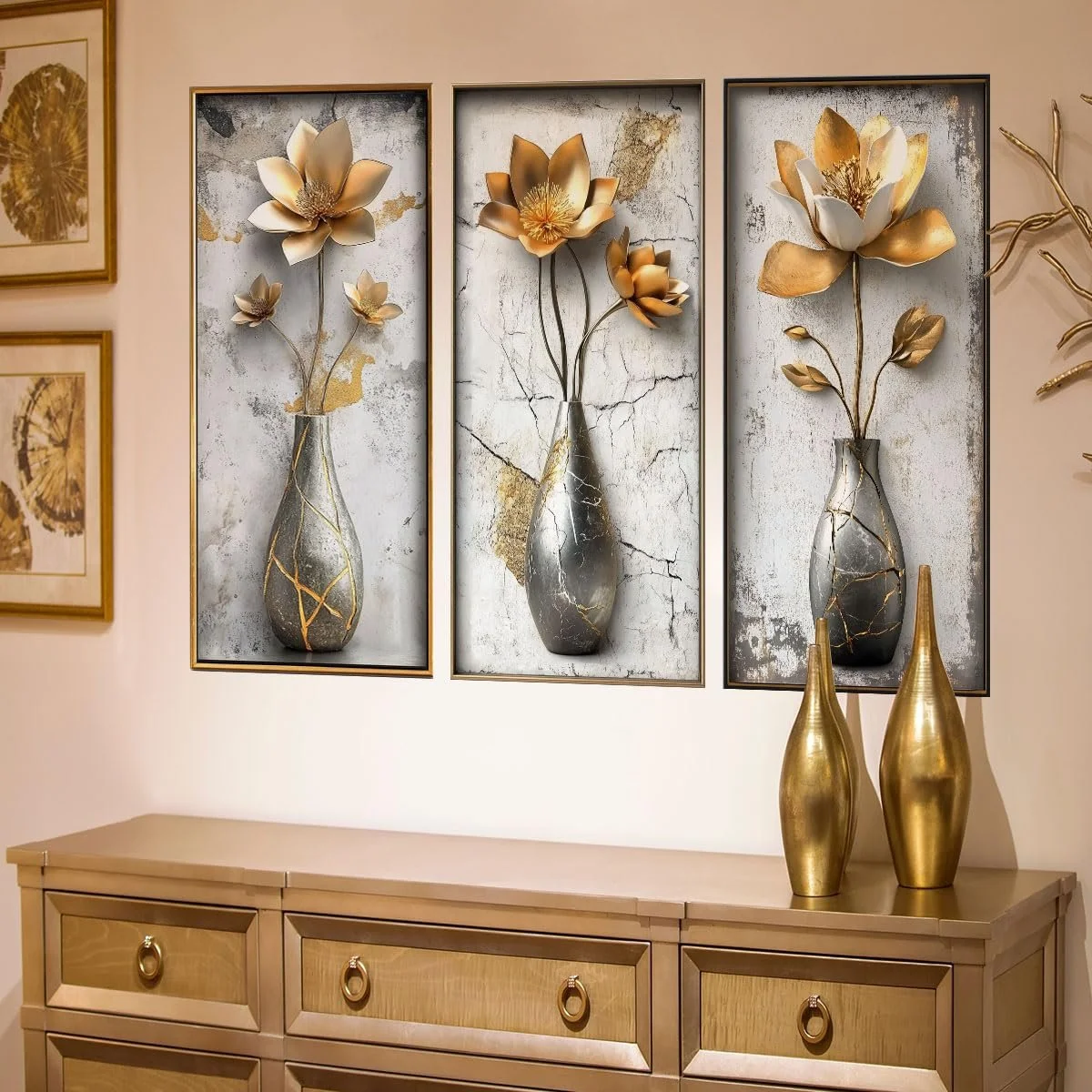 3D-наклейки на стіну Runtoo Золота ваза з квітами, фото №1