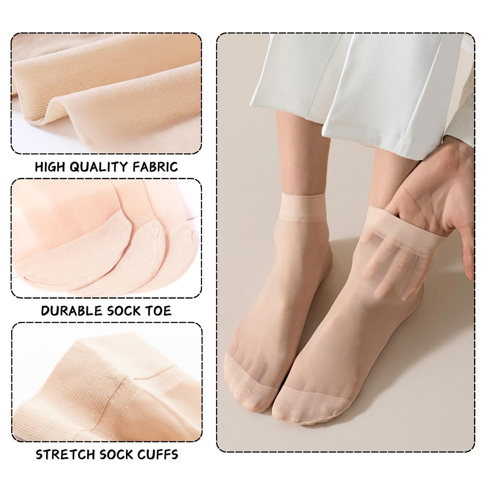 Носки нейлоновые KEYRI 14 пар, Женские носки до щиколотки Прозрачные чулки Нейлоновые чулки Популярные шелковые носки для женщин Повседневные офисные носки для женщин и девушек (Черный, Телесный) Черный, Телесный, One, фото №3