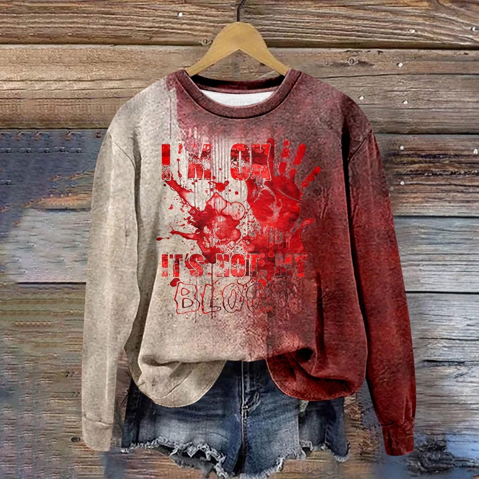 Хэллоуин Свитшот I'm Fine Пуловер с кровавым принтом, Рубашка на Хэллоуин с длинным рукавом и круглым вырезом, Свободный свитер с принтом "Problem Gelöst I'm Fine" для женщин, фото №2 Хэллоуин Свитшот I'm Fine Пуловер с кровавым принтом, Рубашка на Хэллоуин с длинным рукавом и круглым вырезом, Свободный свитер с принтом "Problem Gelöst I'm Fine" для женщин, фото №2