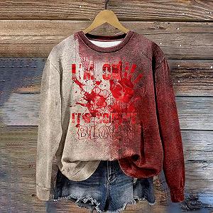 Хэллоуин Свитшот I'm Fine Пуловер с кровавым принтом, Рубашка на Хэллоуин с длинным рукавом и круглым вырезом, Свободный свитер с принтом "Problem Gelöst I'm Fine" для женщин synthetic.ua - Фото 1