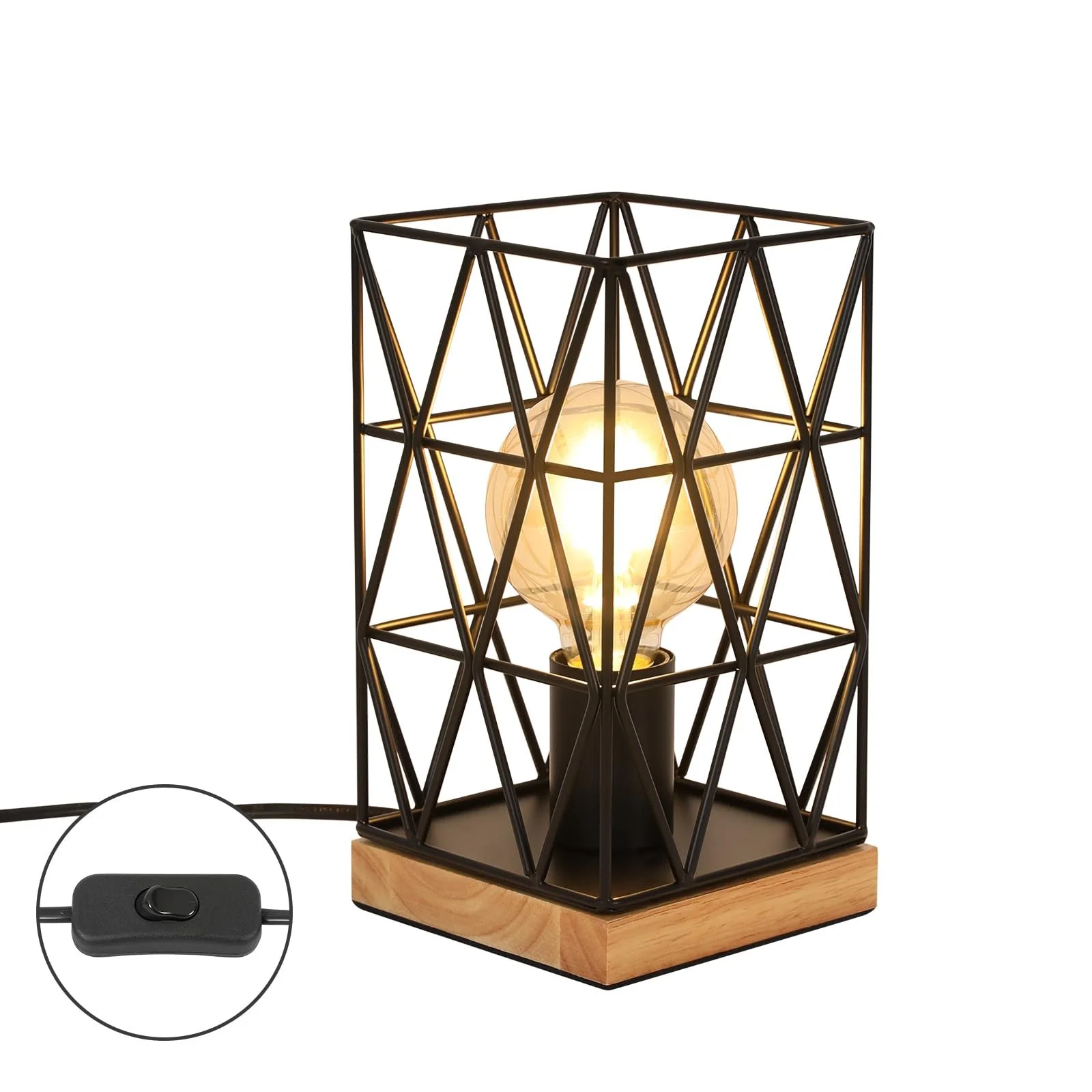 Настільна лампа Dorlink Vintage E27 Металева Клітка Індустріальна Дерев'яна основа Чорна, фото №8