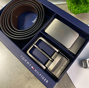 Ремінь чоловічий з натуральної шкіри Tommy Hilfiger подарунковий набір з двома змінними пряжками - Фото 1