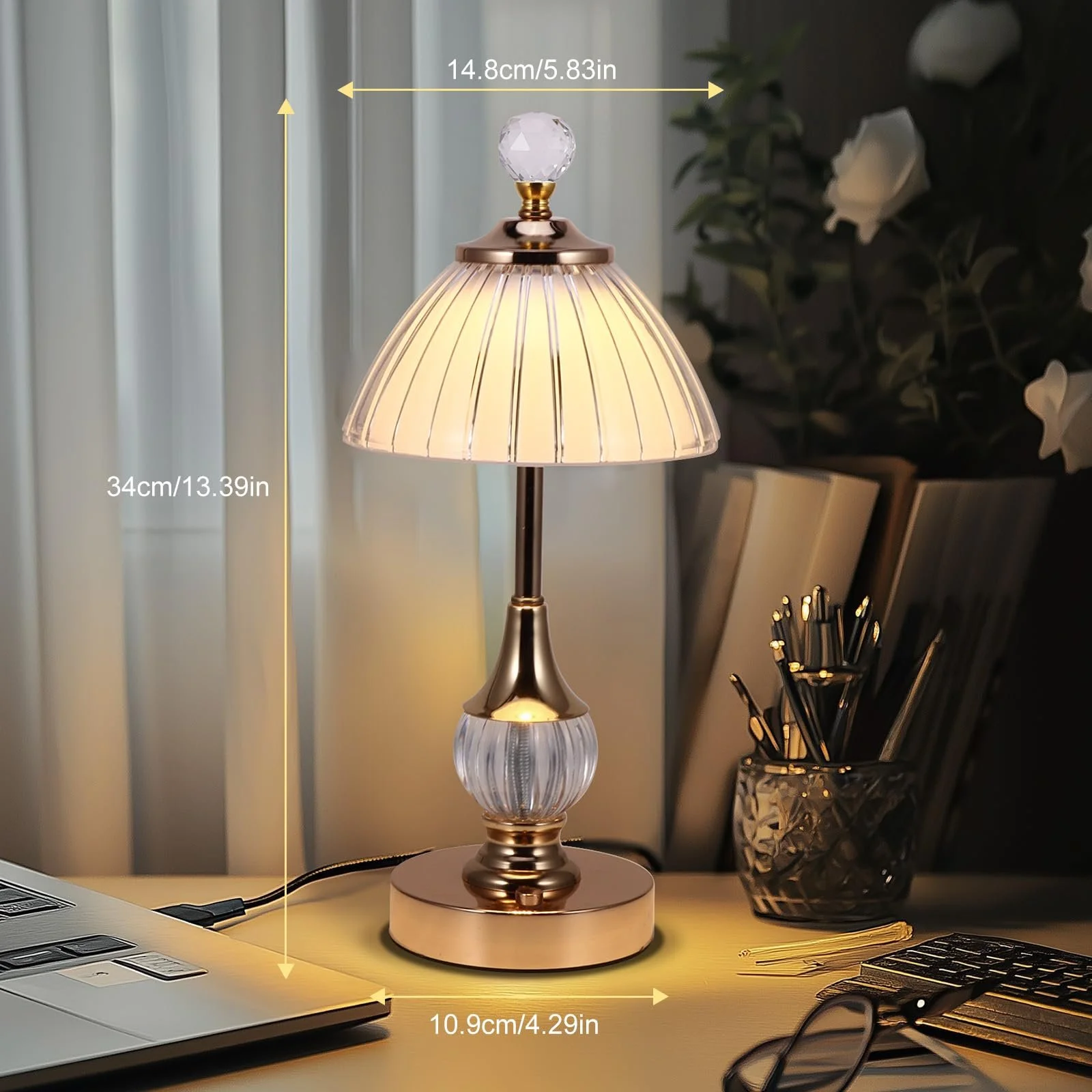 Настільна лампа ALLOMN кришталева світлодіодна акумуляторна сенсорна золота, фото №7