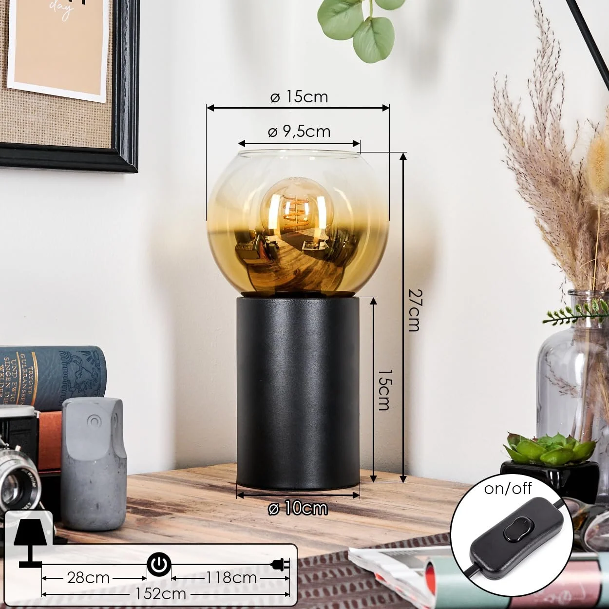 Настільна лампа HOFSTEIN Koyoto Металева Скляна Ретро/Вінтаж Діаметр 15 см E27 Чорна/Золотиста, фото №5