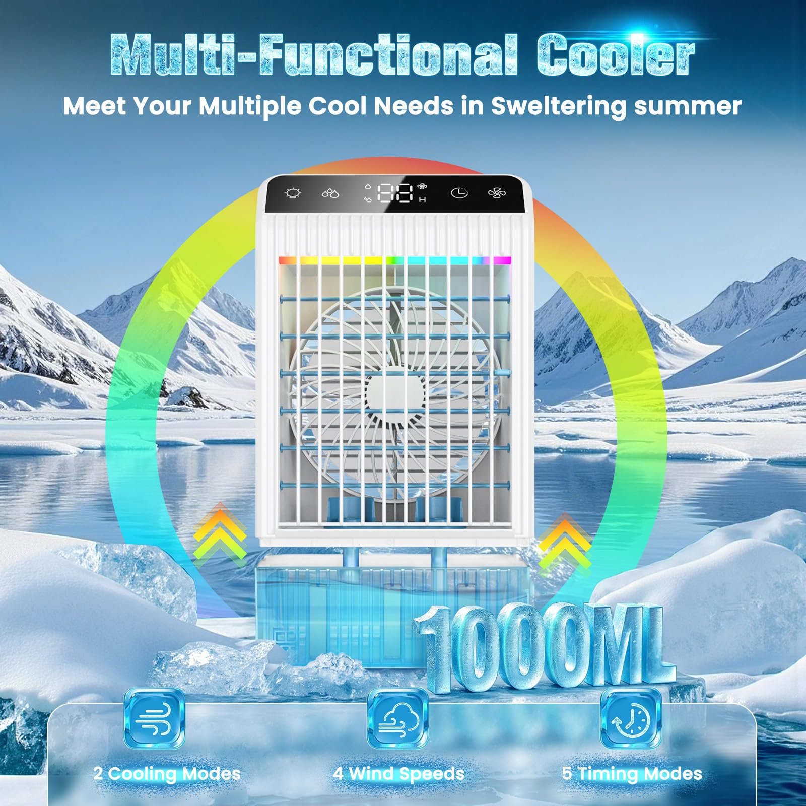 Мобільний кондиціонер Портативний без витяжного шланга Міні з розпилювачем та кольоровим нічним підсвічуванням для дому офісу кемпінгу, фото №3