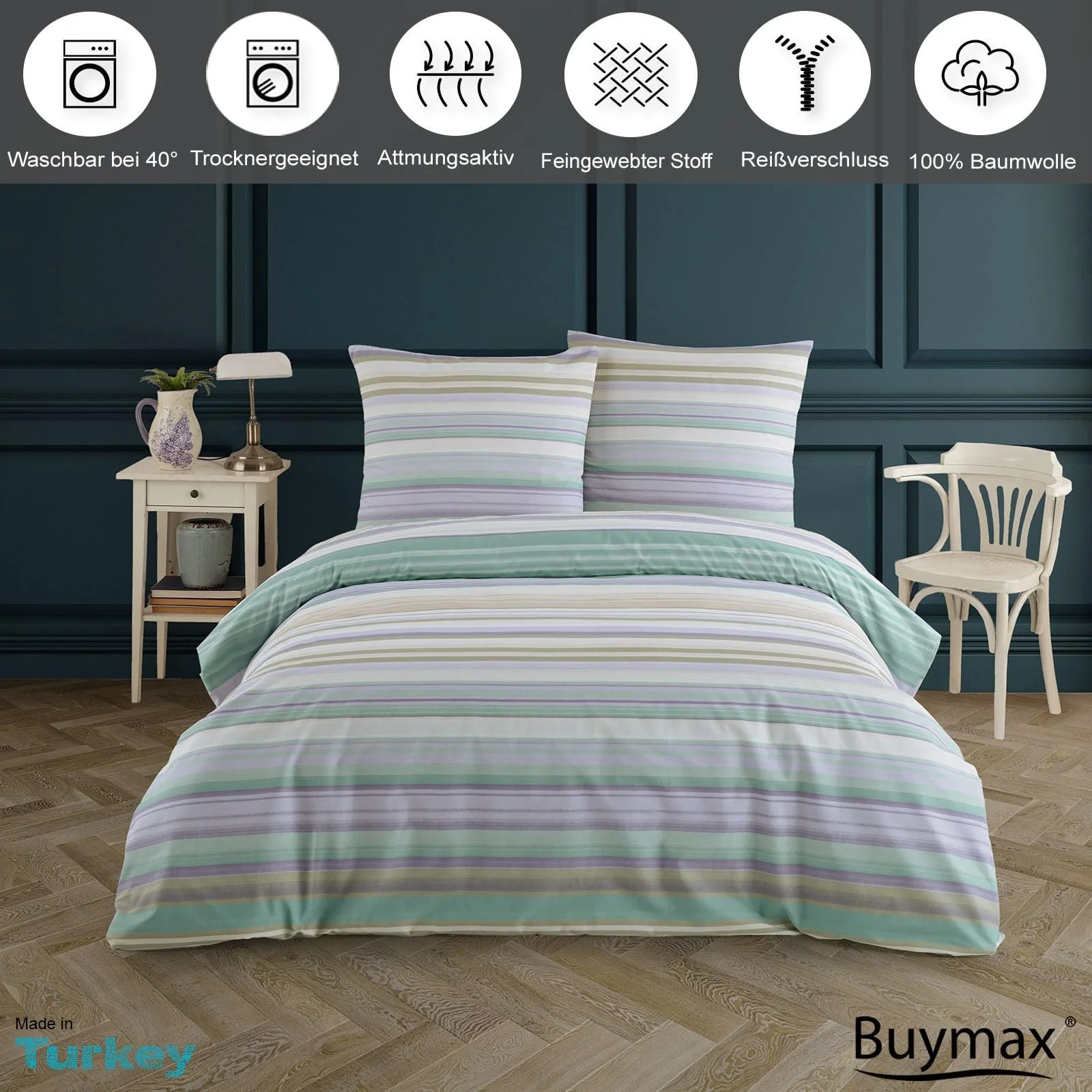 Постільна білизна Buymax® 200 x 200 см, 100% бавовна, комплект постільної білизни з 3 предметів, підковдра, з 2 наволочками, 80 x 80 см, Renforcé, на блискавці, фото №2