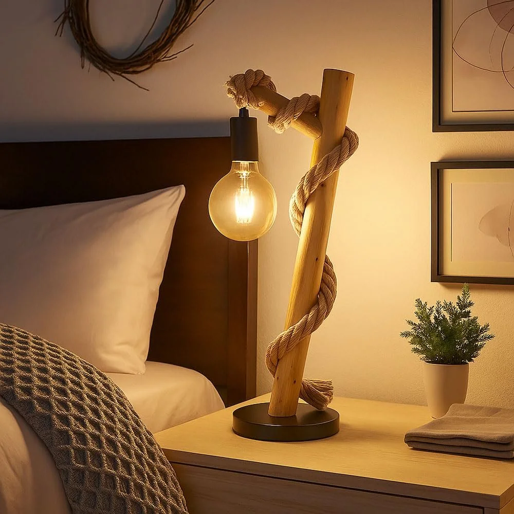Настольная лампа Globo Lighting деревянная пеньковая веревка E27 19x16.5x53.5 см, фото №5