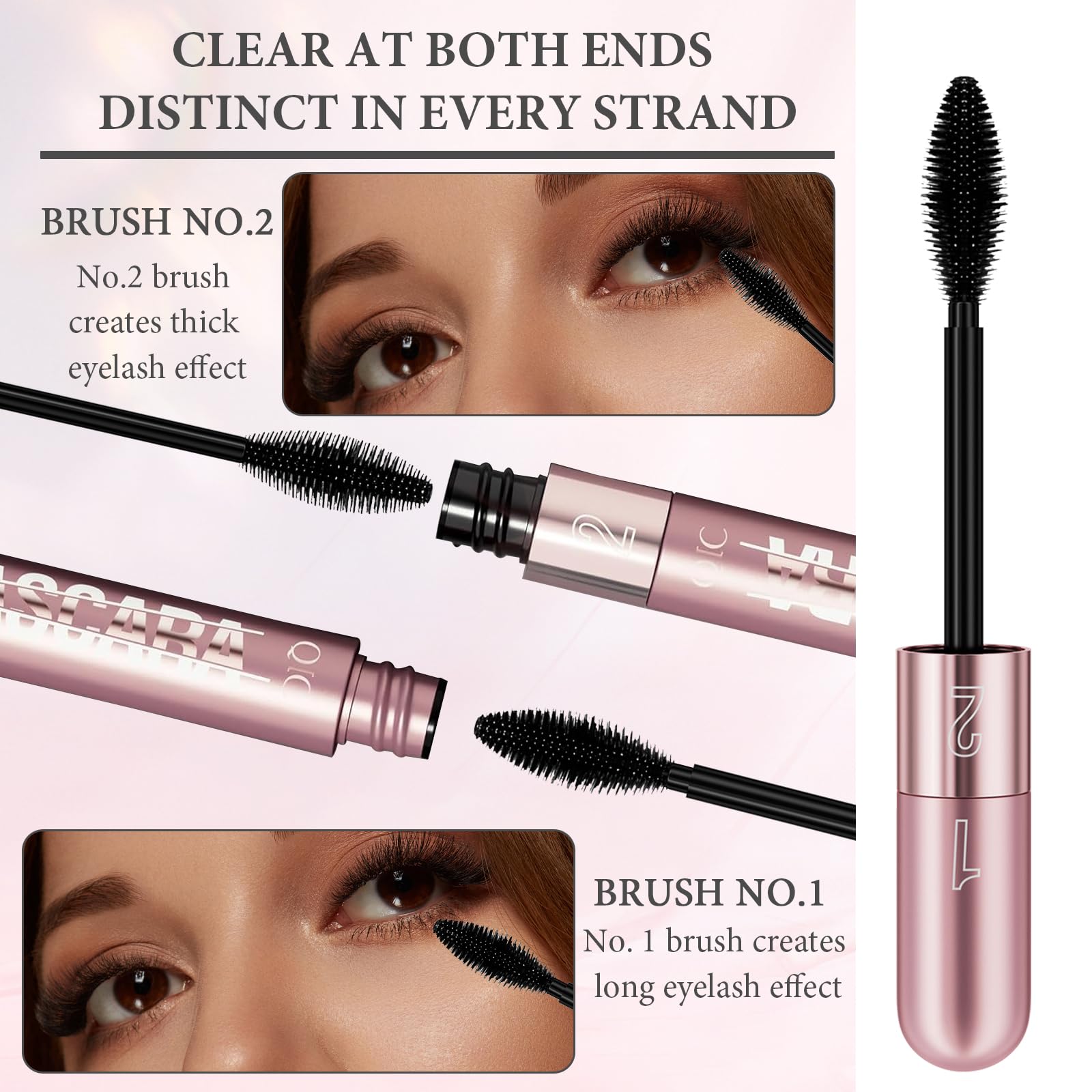 Mascara телескопическая 4D 2-in-1 водостойкая, устойчивая к поту и не смазывается, чёрная, фото №4