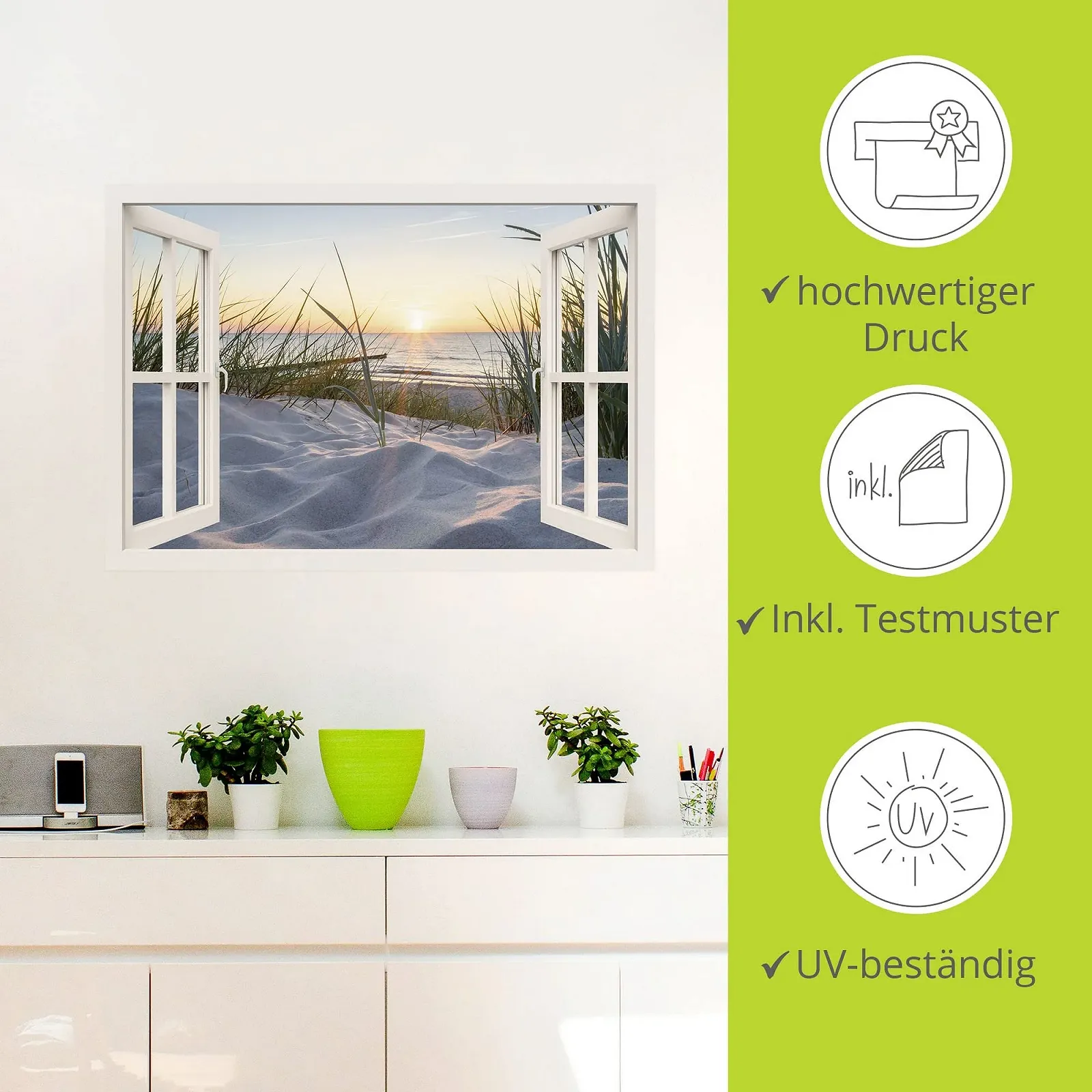 Наклейка на стіну ARTland U1TZ Вінілова плівка Вид з вікна Пляж Море Пісок Дюни Захід сонця, фото №2