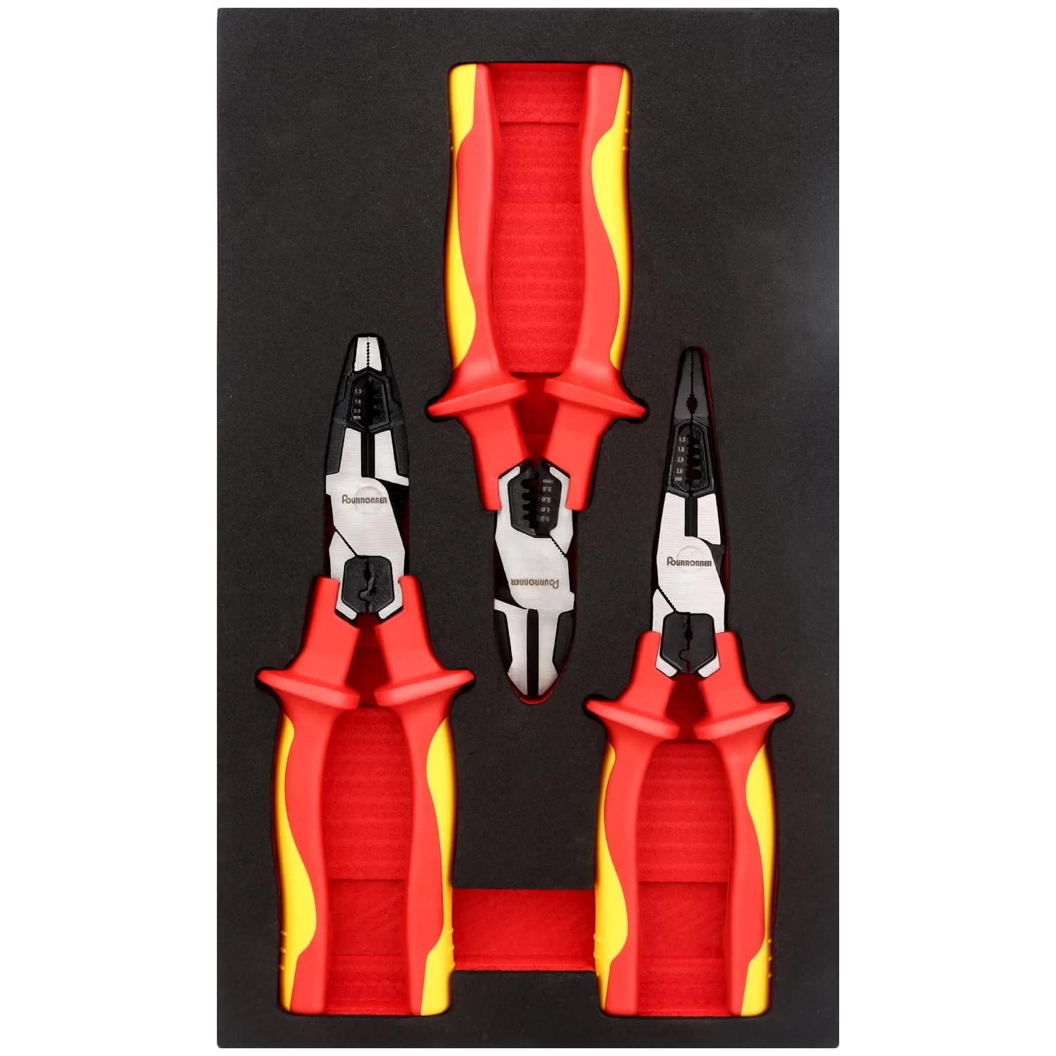 Набор плоскогубцев FOURROBBER VDE 1000 V с универсальными плоскогубцами, плоскогубцами с длинным носом и боковыми кусачками, нескользящая резиновая ручка, 190-205 мм, фото №2 Набор плоскогубцев FOURROBBER VDE 1000 V с универсальными плоскогубцами, плоскогубцами с длинным носом и боковыми кусачками, нескользящая резиновая ручка, 190-205 мм, фото №2