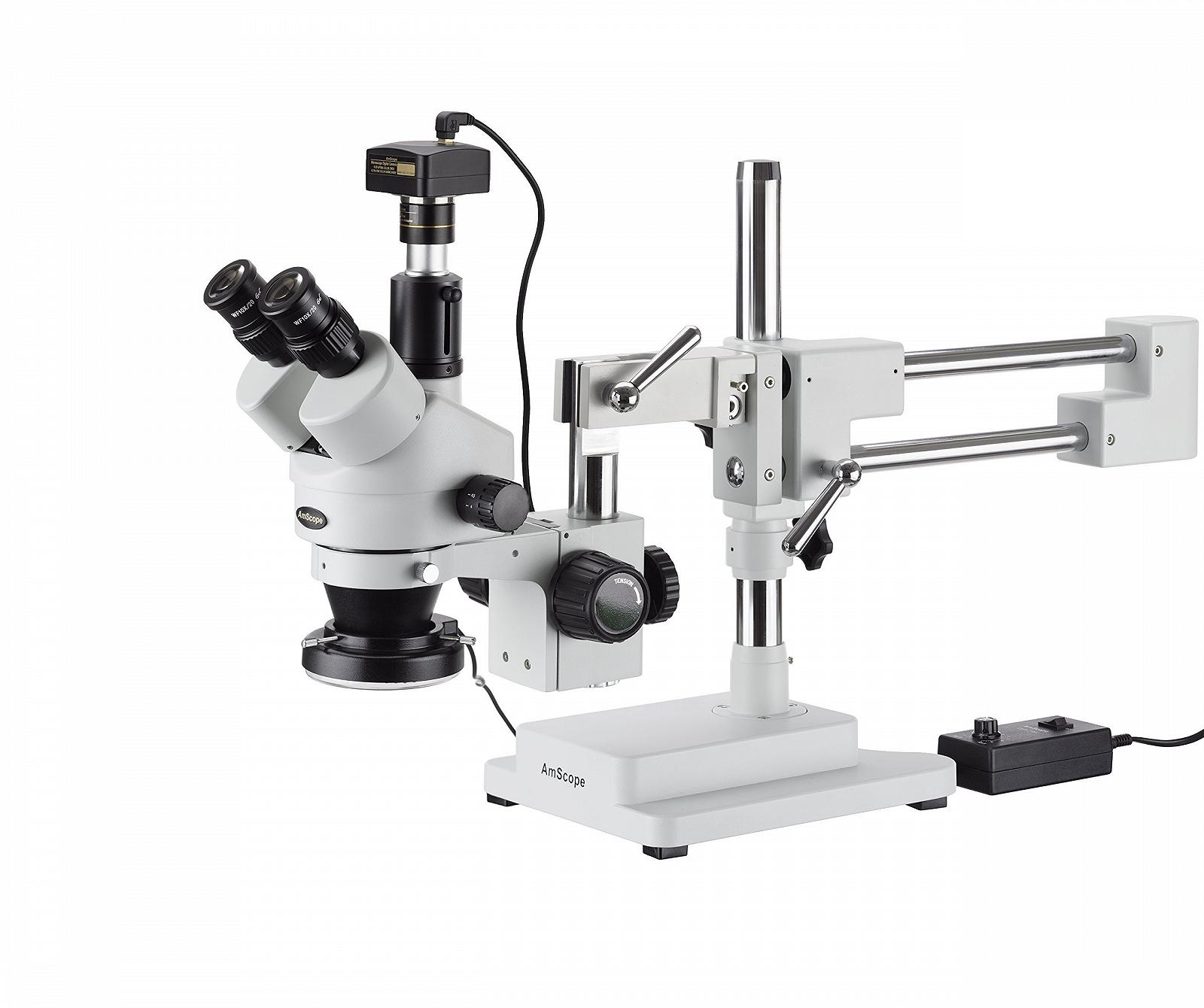 Стереомикроскоп AmScope 7X-45X с зумом, на двухрычажной штативной стойке с кольцевой подсветкой из 144 светодиодов и 5-мегапиксельной камерой, фото №1