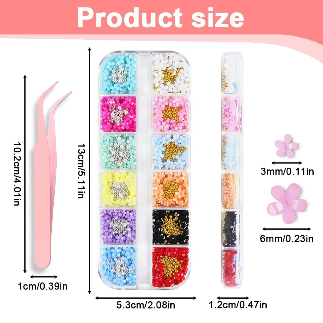 Декор для ногтей 3D Flower 1 коробка 12 цветов Цветы из акрила и бусины с пинцетом Розовый, фото №2