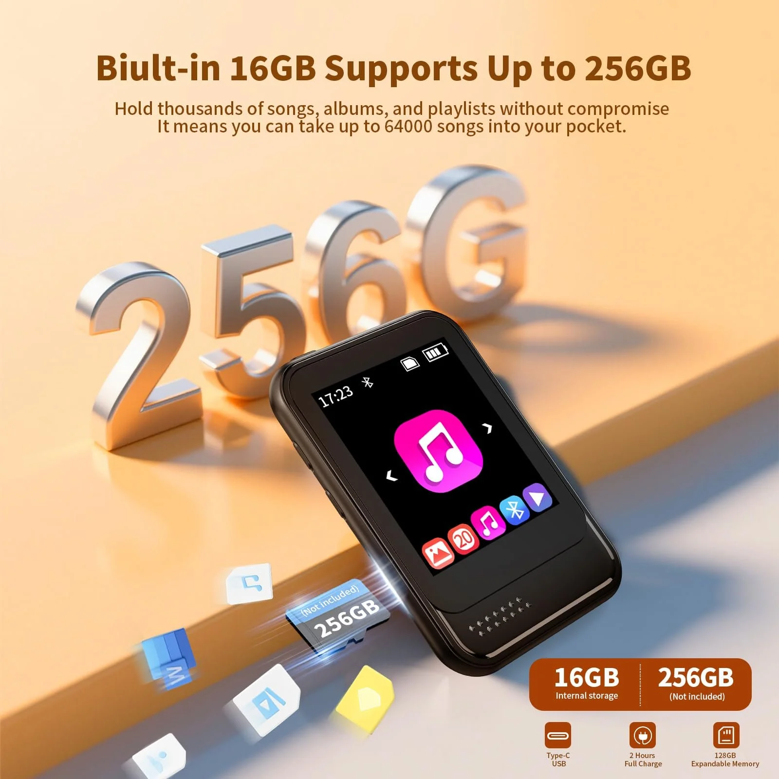 MP3 плеєр з Bluetooth 5.3  FM-радіо Диктофон Слот Micro SD Динамік Навушники в комплекті Сенсорний екран Max 256GB Розширюваний для спорту, фото №5