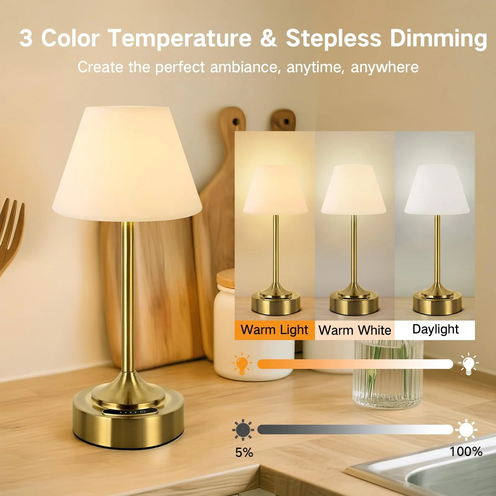 Настільні лампи OUTON Комплект 2 шт LED Бездротові 4000 мАг USB-C 3 колірні температури Сенсорні IP54 (Золотисті), фото №3