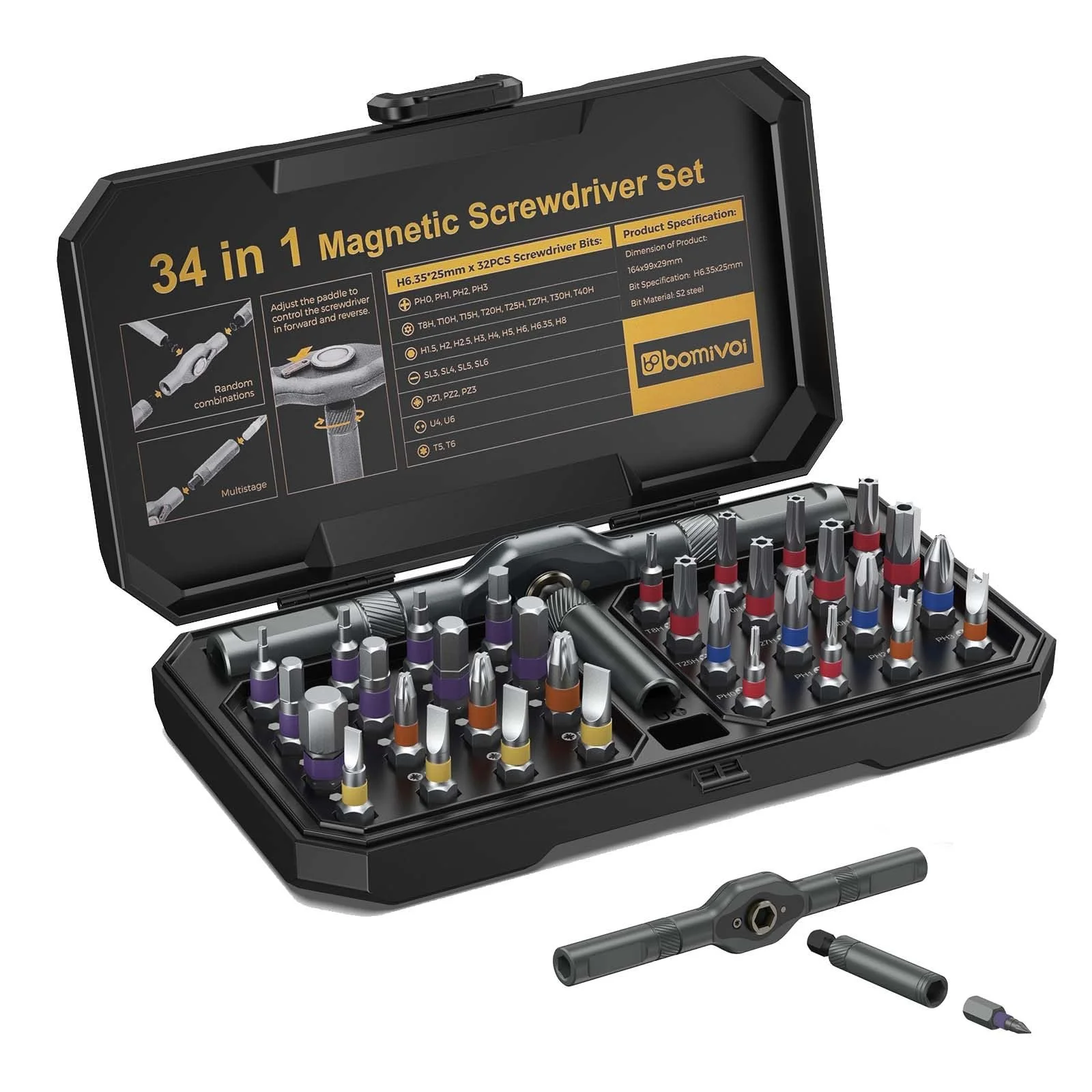 Набір реверсивних викруток 34 в 1 з магнітною рукояткою та 32 бітами S2, фото №1