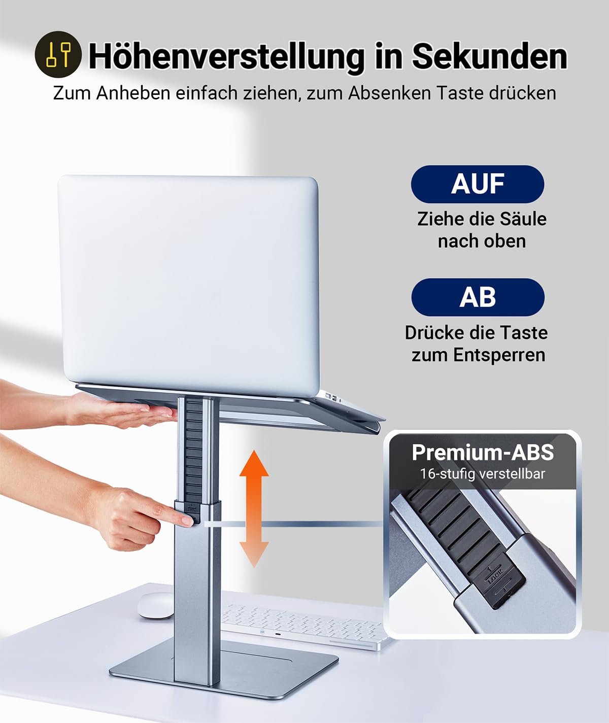 Подставка для ноутбука с регулировкой высоты, подставка для ноутбука для стола, стоя, подставка для DJ-ноутбука, компактная альтернатива стоячему столу, подходит для MacBook и всех ноутбуков 13 - 16,5 дюймов, серебристая, фото №5