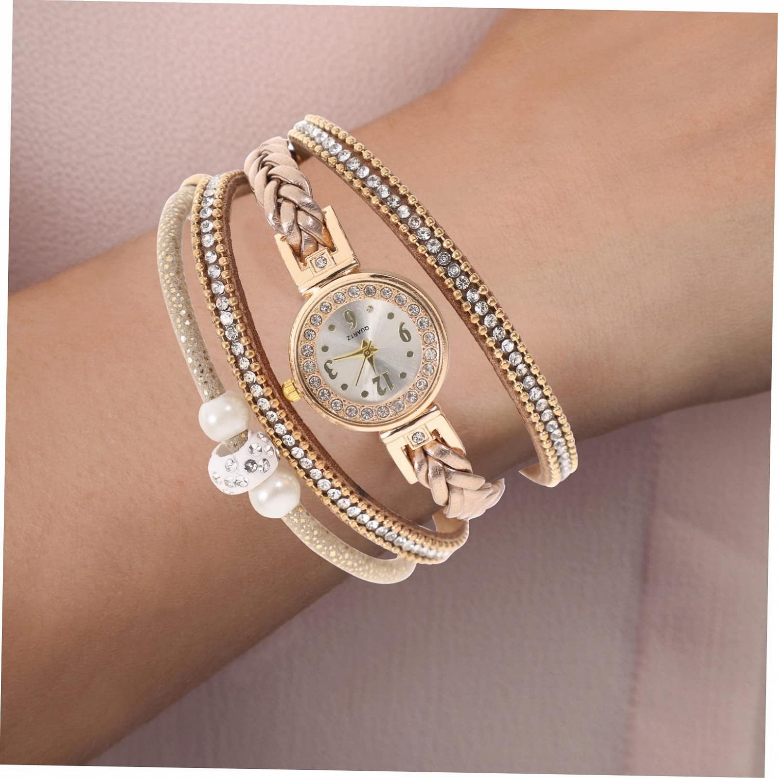 Часы-браслет VALICLUD Черный с плетеным браслетом, кристаллами и белыми бусинами, фото №5