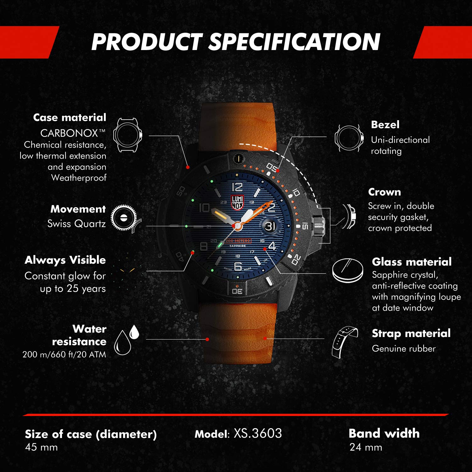 Годинник Luminox Navy Seal XS.3603 для чоловіків 45 мм у помаранчевому/синьому з відображенням дати, водонепроникний на 200 м, сапфірове скло, чорний, серія Sea, фото №3