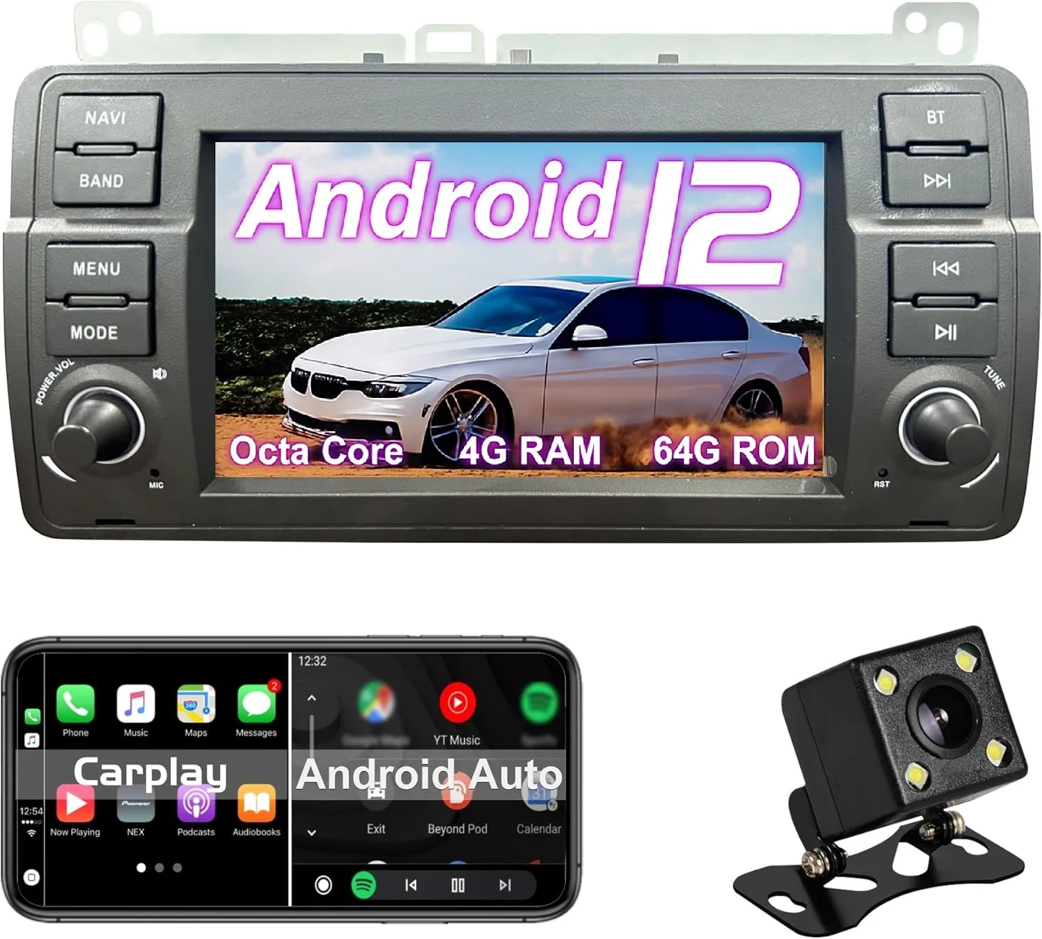 Штатна автомагнітола OVRICH для BMW E46 Rover 75 MG ZT / 7" / Сенсорна / 4/64Гб / Android 12 / Apple CarPlay / Android Auto / Bluetooth / WI-FI / GPS / SIM slot, фото №1