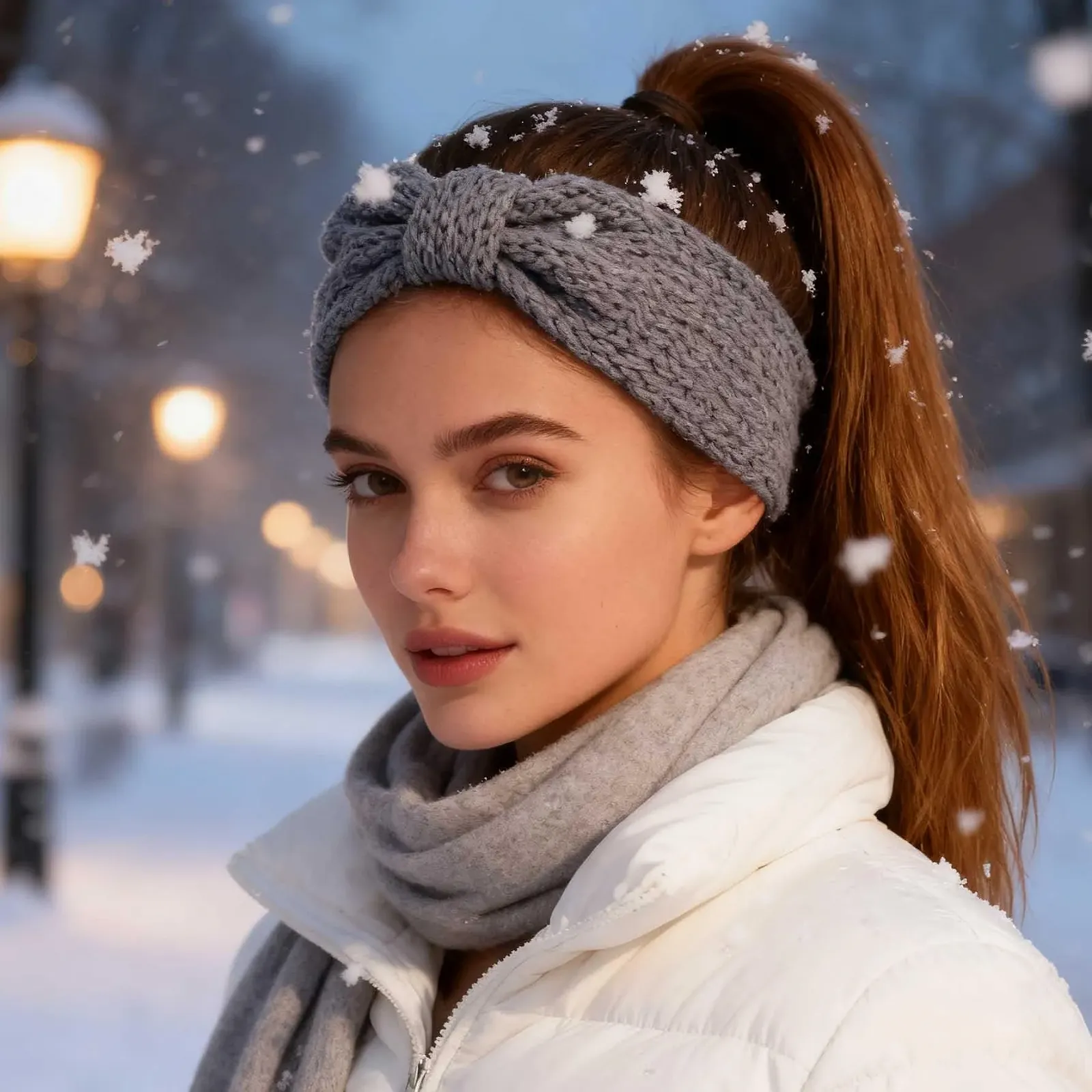 В'язана зимова пов'язка на голову з бантом, аксесуар для волосся, фото №6