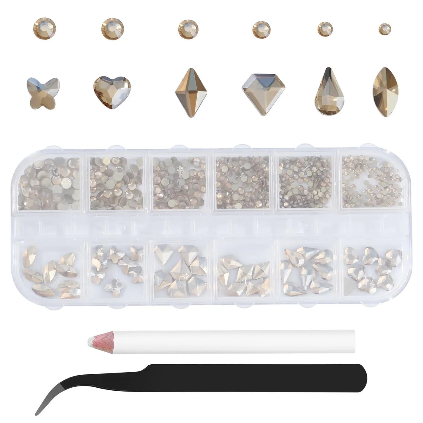 Стразы для ногтей Шампань 12 размеров, Блестящие камни для ногтей, Стразы плоской формы, Дизайн ногтей со стразами, Включая восковый карандаш для страз и пинцеты для страз, 1500 штук в упаковке, фото №1