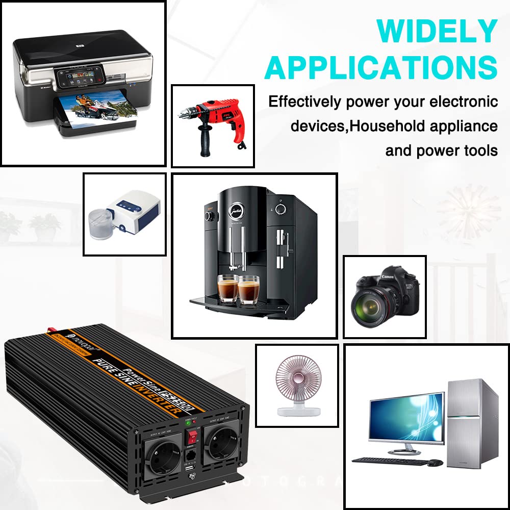 Конвертер Novopal 2500W Pure Sine Wave для автомобіля 24V на 230V з 2 європейськими розетками і USB портом з дистанційним керуванням 5 метрів пікової потужності 5000W, фото №5