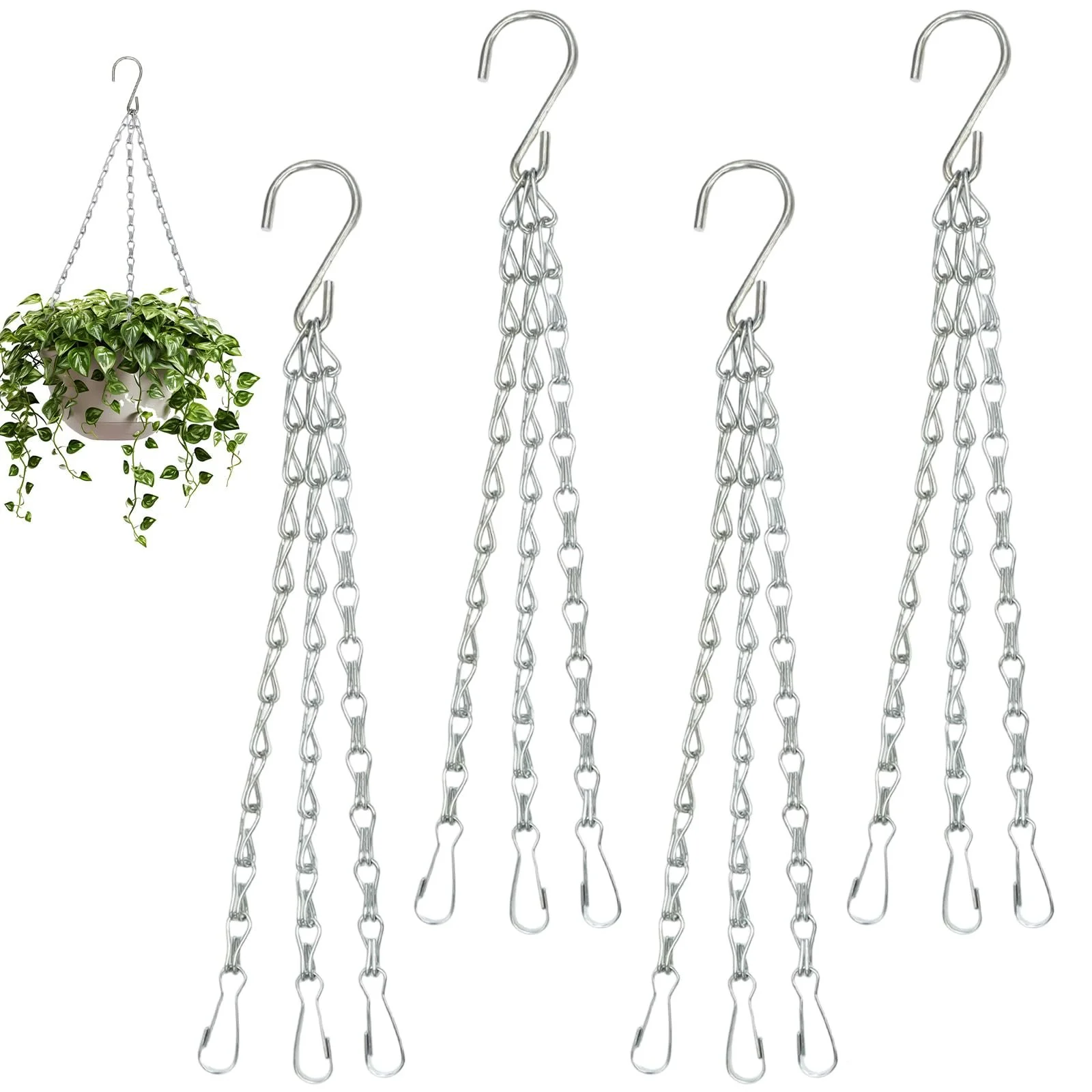 Ланцюжки для підвісних кошиків 4 штуки, 40 см, 3-точкові, міцні металеві, для квіткових горщиків та годівниць, сріблястий, фото №1 Ланцюжки для підвісних кошиків 4 штуки, 40 см, 3-точкові, міцні металеві, для квіткових горщиків та годівниць, сріблястий, фото №1