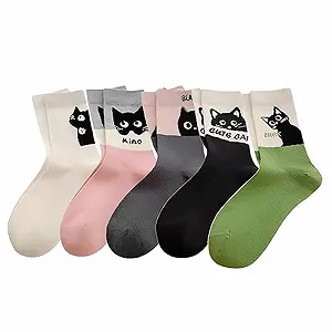 Носки с котами 5 пар, Женские носки с милыми рисунками котов, игривые носки с котами в 5 цветах (черный, белый, серый, зеленый, розовый), мягкие и удобные для женщин и подростков - Фото 1