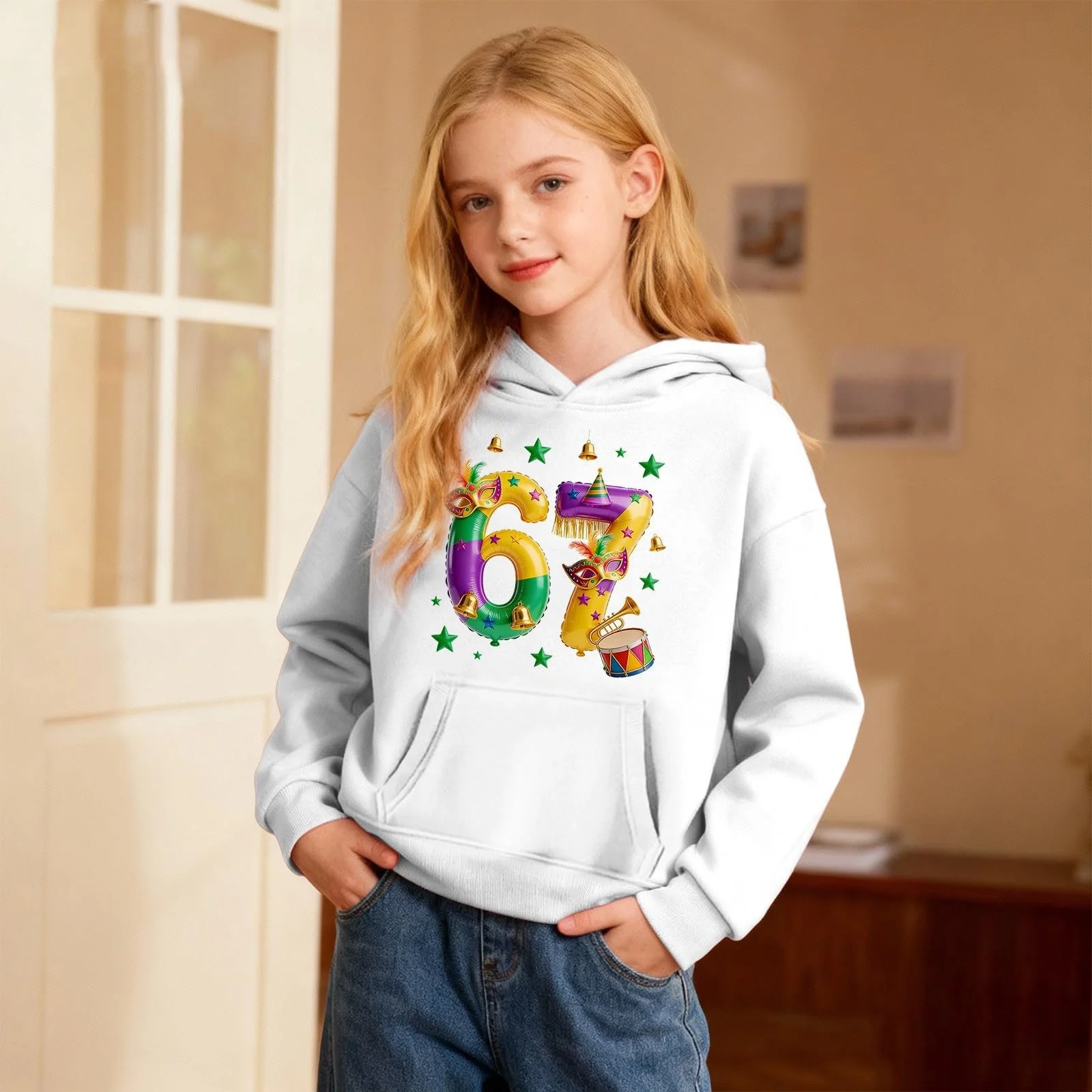 Толстовка Karneval 67 для детей, с мультяшным принтом, теплые топы, 6 7 Meme, с капюшоном, с длинными рукавами, осенняя толстовка, милый зимний костюм, фото №3